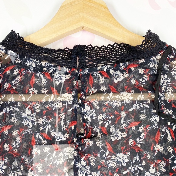 NEW ZARA Black Ditsy Floral Print Ruffle Sheer Blouse XL - Picture 8 of 11